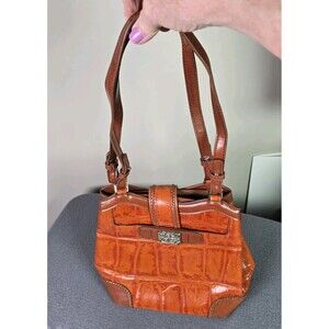 MC Crocodile Embossed Brown Leather Shoulder Bag Purse Silver Accent Structured